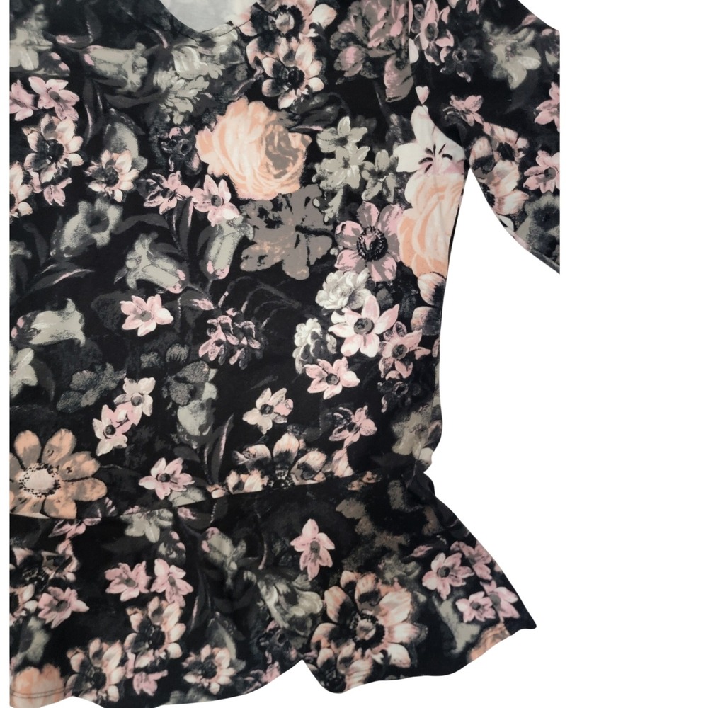 Womens Black Floral V-Neck Tunic Top Pink Rose Ruffle Peplum Short Sleeve Blouse - Picture 2 of 2